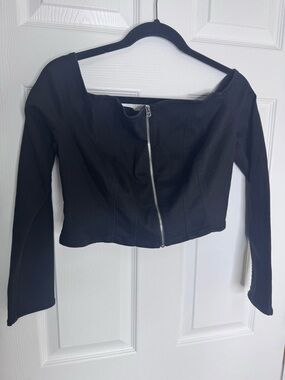 True Religion Black Off-Shoulder Zip Front Long Sleeve Top